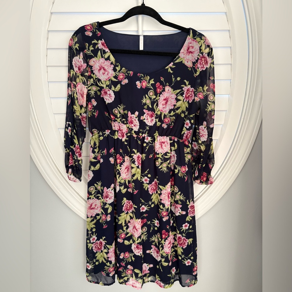 Pink Blush Maternity Dress navy blue green pink Floral pattern Sz S